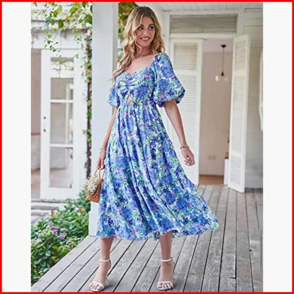 Women's Maxi Dress Boho Floral Smocked Back Short Sleeve Summer Casual - Picture 3 of 7